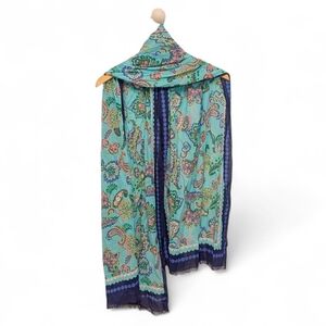 TALBOTS New Colorful Oblong Scarf Fringe Navy Blue Aqua Green  Flowers 72x27